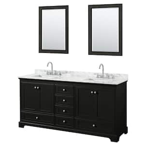 Deborah 72 in. Double Vanity in Dark Espresso with Marble Vanity Top in White Carrara with White Basins and Mirrors