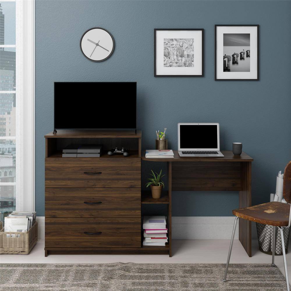 Ameriwood Home Sonnet Walnut Media Dresser and Desk in a home office setting