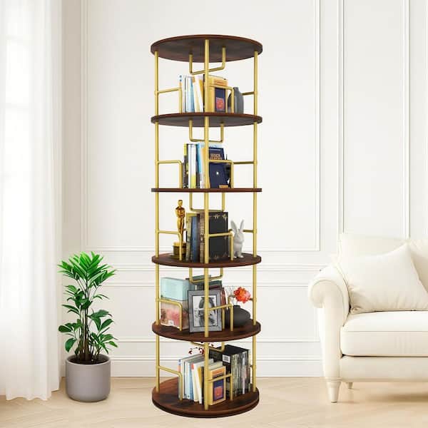 Wylde 360° Rotating Bookshelf 63 in. Tall Gold Plus Brown Metal and MDF 5-Shelf Corner Bookcase, Modular Design