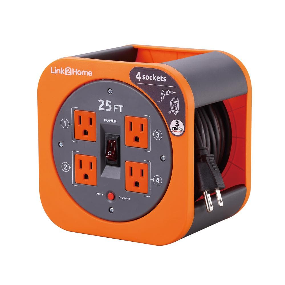 Link2Home 35 ft. 14/3 Extension Cord Storage Reel with 4 Grounded Outlets  and Overload Protection EM-EL-350E - The Home Depot