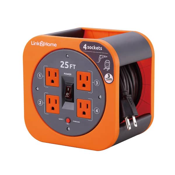 Link2Home 25 ft. 16/3 Extension Cord Storage Reel with 4 Grounded Outlets and Overload Reset Button