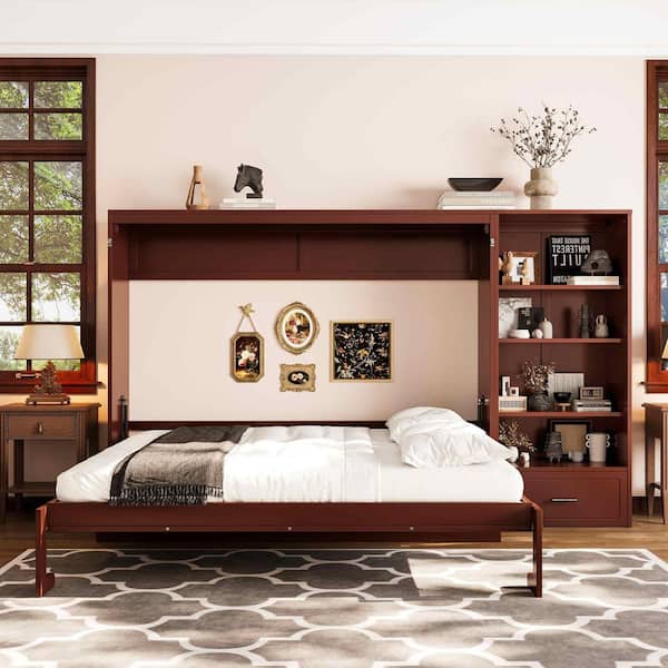 Walnut/Dark Brown Wood Frame Queen Murphy Bed with Height Adjustable Storage Compartments and Shelf, 1 Drawer