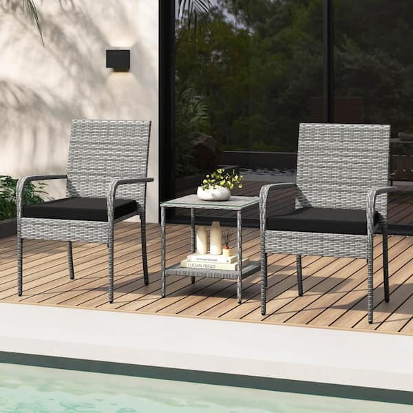 3 Piece Patio Furniture Set with Seat Cushions and Tempered Glass Tabletop Black