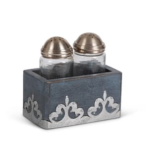 Gray Washed Metal Inlay Salt and Pepper Set
