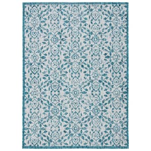 Courtyard Gray/Blue 4 ft. x 6 ft. Border Floral Geometric Indoor/Outdoor Patio  Area Rug
