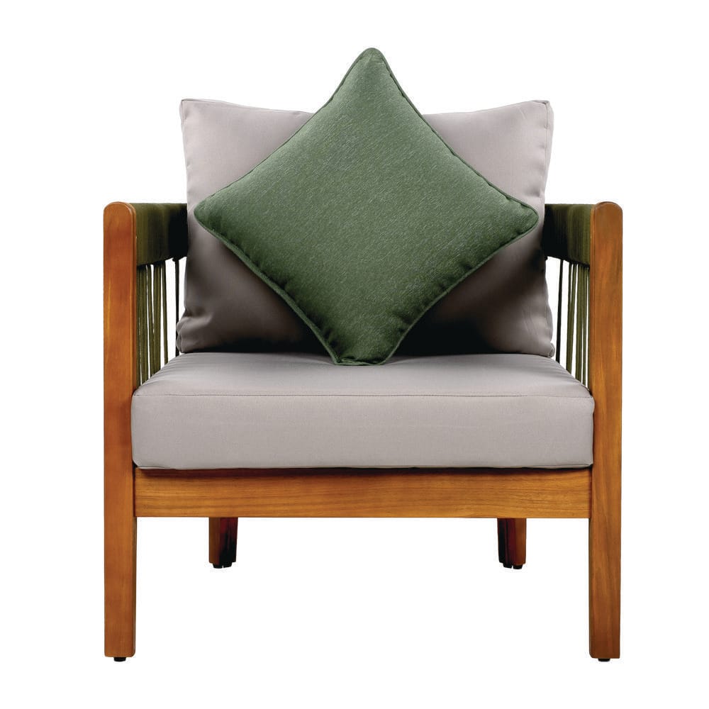 Francisco Natural Finish Wood and Green Handwoven Rope Patio Outdoor Lounge Chair with Grey Cushions