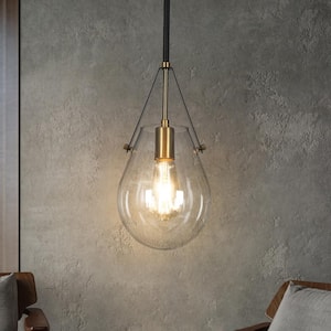 Modern Industrial Island Pendant Light, 1-Light Black Farmhouse Hanging Pendant light with Clear Gourd Glass Shade