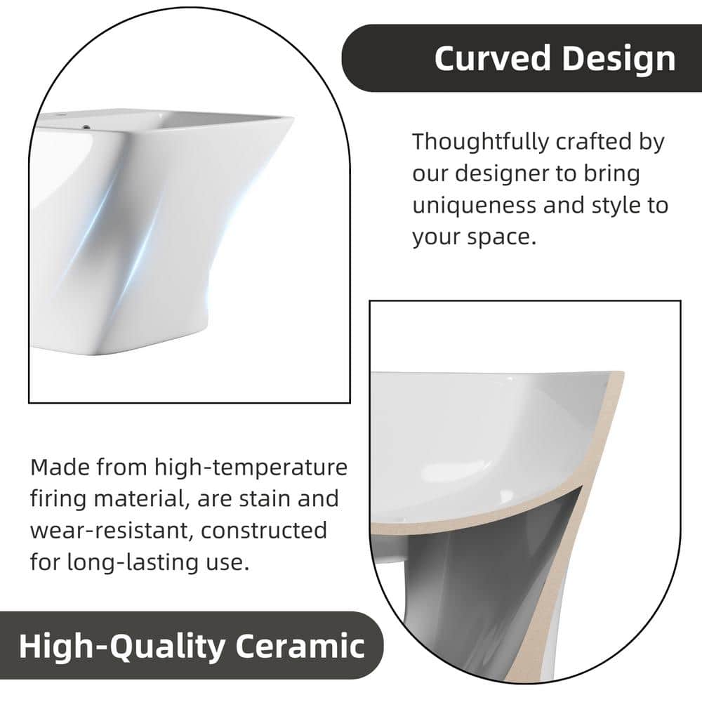 Glossy White Ceramic Wall-Mount Rectangular Vessel Sink with Stainless Steel Drain