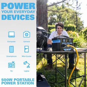 500-Watt Quiet Portable Power Station with Push Button Start Battery Generator for Outdoors, Home, and Solar Charging