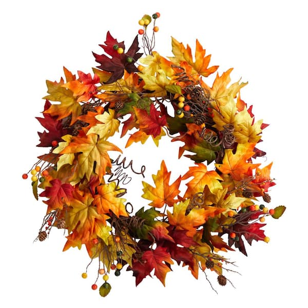 Nearly Natural 24 in. Green Autumn Maple Leaf and Berries Artificial Fall Wreath with Twig Base