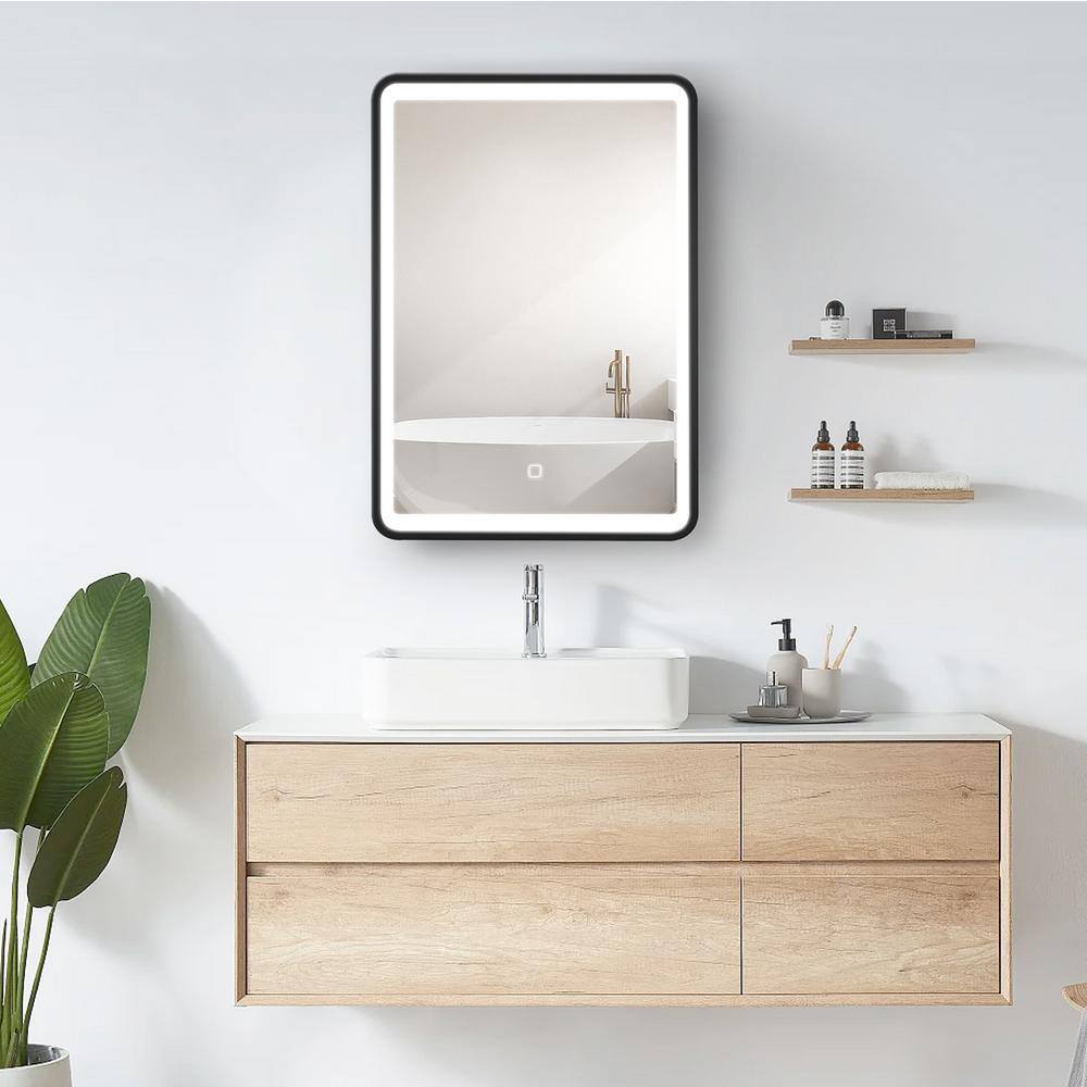 20 in. W x 28 in. H Rectangular Iron Medicine Cabinet with Mirror Black fra