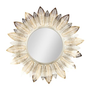 31 in. x 31 in. Layered Leaf Round Framed Gold Abstract Wall Mirror with Flower Shape