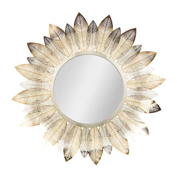 Litton Lane 31 in. x 31 in. Layered Leaf Round Framed Gold Abstract Wall Mirror with Flower Shape