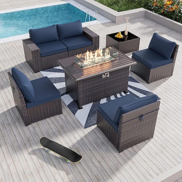 Halmuz 7-Piece Wicker Patio Conversation Set with 55000 BTU Gas Fire Pit Table and Glass Coffee Table and Navy Cushions