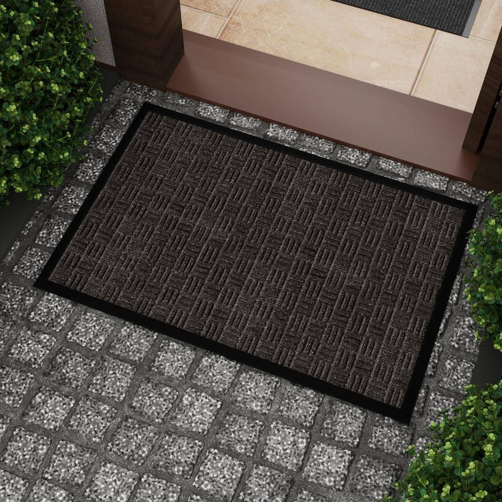 Charcoal Geometric Rubber Non-Slip Outdoor Entrance Rug