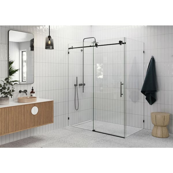 60 in. W x 78 in. H Rectangular Sliding Frameless Corner Shower Enclosure in Matte Black with Clear Glass