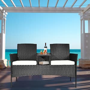 1-Piece Wicker Patio Conversation Set with White Cushions