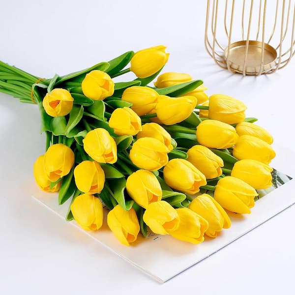13 in. Yellow Indoor Artificial Tulip Flower, 30-Pieces Z0D6GRD19P