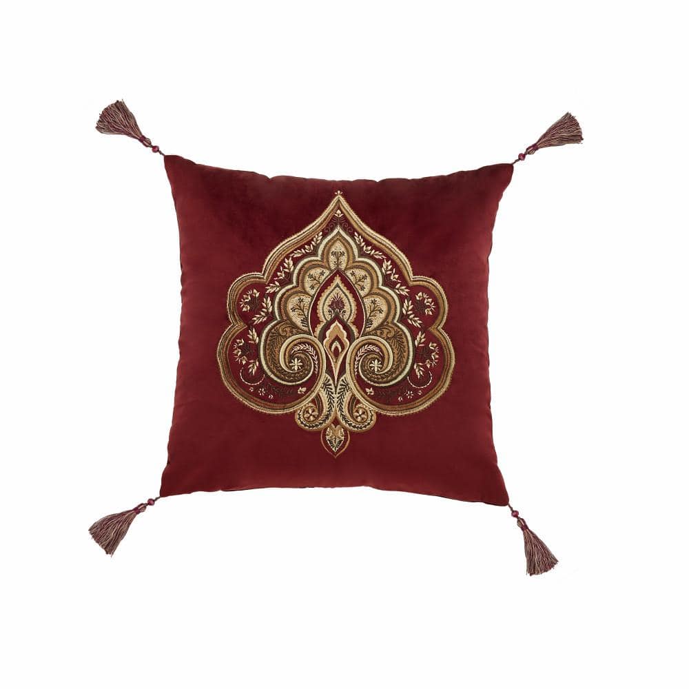 Bordeaux Crimson Polyester 18 in. Square Embellished Decorative Throw Pillo