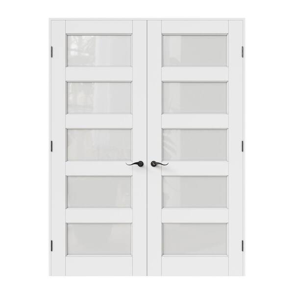 64 in. x 96 in. Universal 5-Lite Frosted Glass White Solid Core MDF Double French Door Kit with Quick Assemble Jamb
