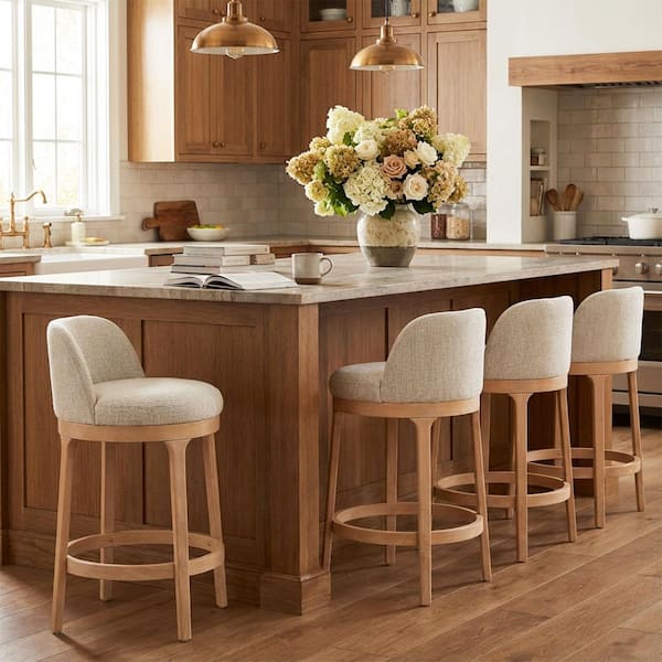 Yarden Modern 33 in. H Natural Finish and Beige Polyester Upholstered Solid Wood Frame Counter Stools, (Set of 4)