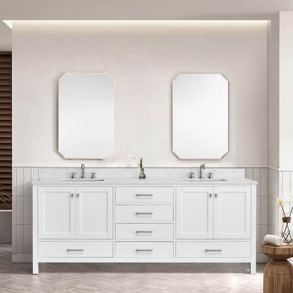 84 in. Freestanding Solid Wood White Bath Vanity with White Engineered Marble Top and Soft Close Drawers
