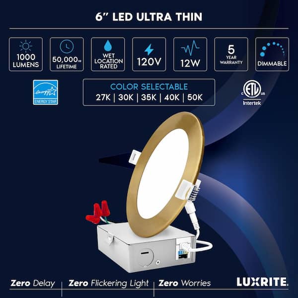 6 in. Ultra Thin Canless Integrated LED with J-Box, 12-Watt, 5CCT, Dimmable, 1000 Lumens, Brass Trim, IC Rated (4-Pack)