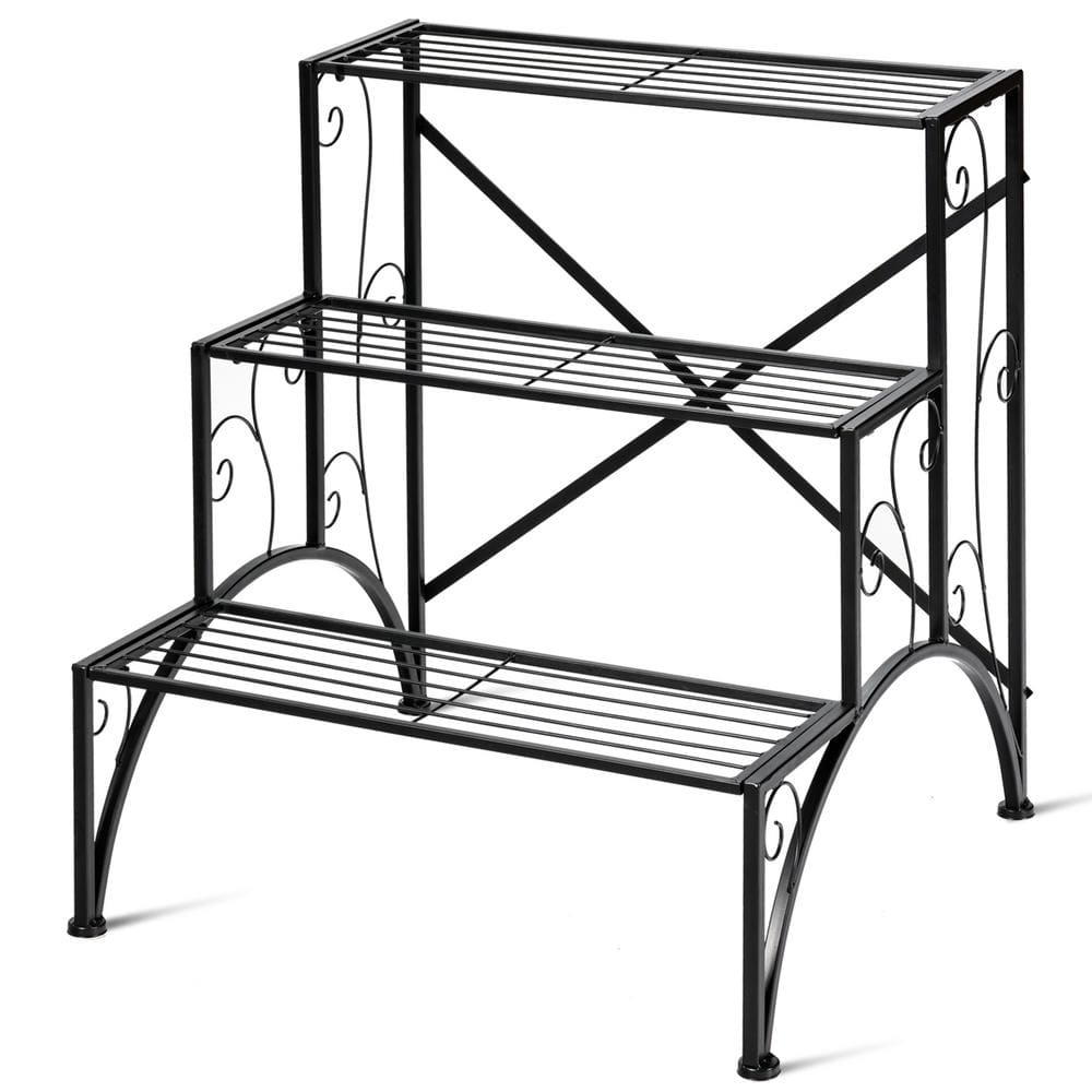 Black Iron 3-Tier Indoor Outdoor Plant Stand with Curved Lace Design