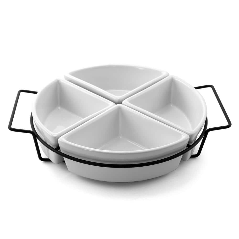 Gibson Gracious Fine Ceramic Dining Four Section Tray Set with Metal Rack - White