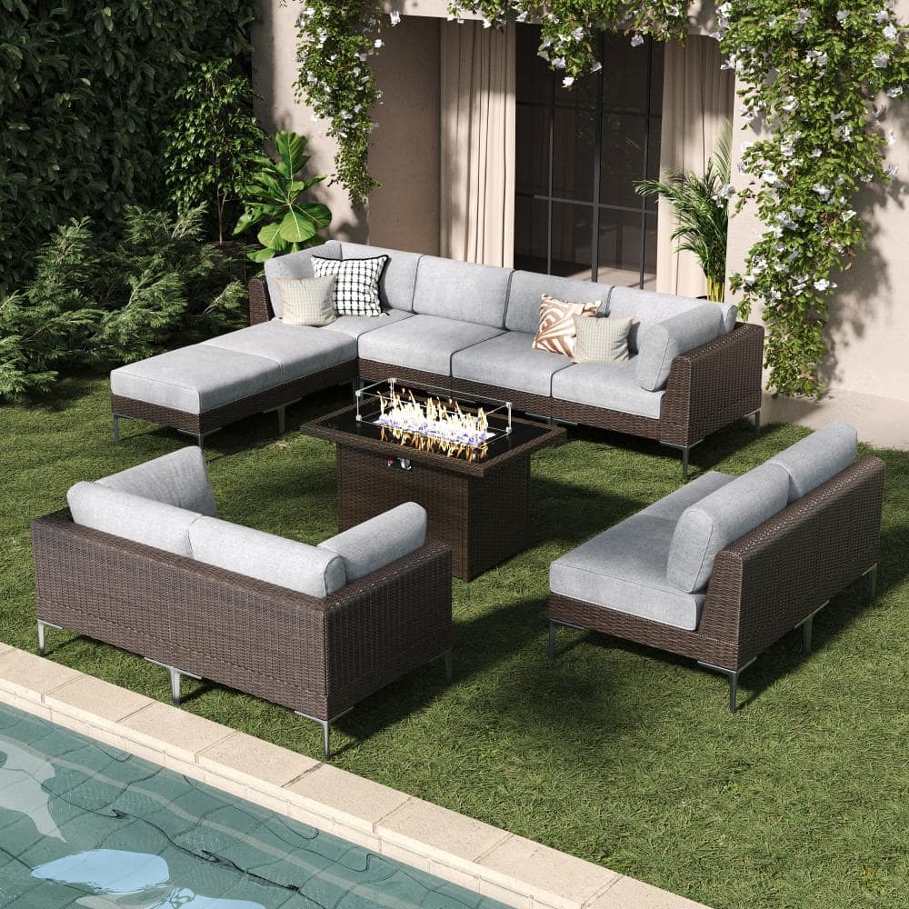 11-Piece Wicker Rattan Patio Sofa Sectional Conversation Set with Fire Pit Table and Gray 6-inch Cushions price history on PriceWatchPro
