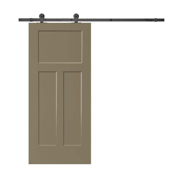 CALHOME 30 in. x 80 in. 3-Panel Olive Green Stained Composite MDF Interior Sliding Barn Door with Hardware Kit