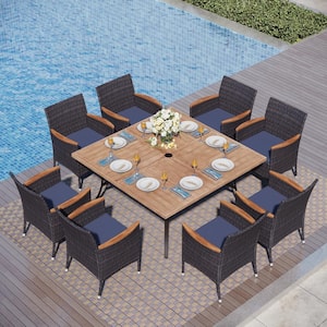 9-Piece Metal Patio Outdoor Dining Set with Brown Slat Square Table and Wooden Armrest Rattan Chairs with Blue Cushion