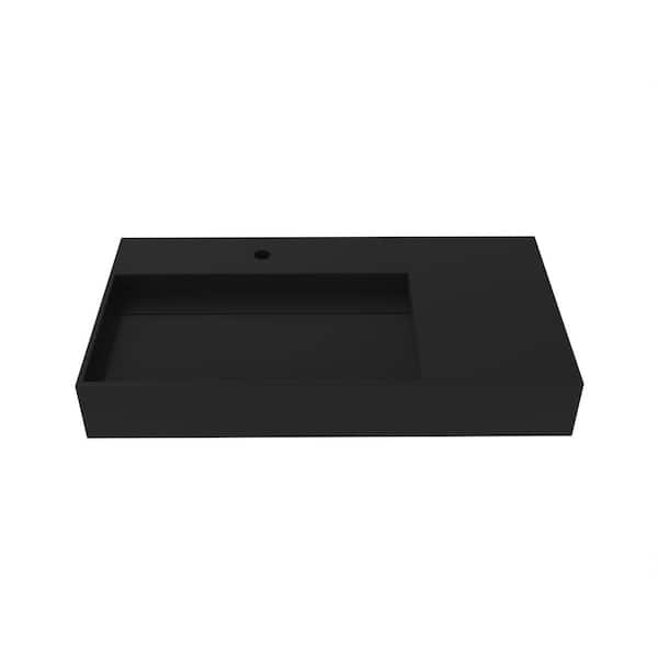 Juniper 35.43 in. Wall Mount Solid Surface Left Side Basin Rectangle Bathroom Sink in Matte Black