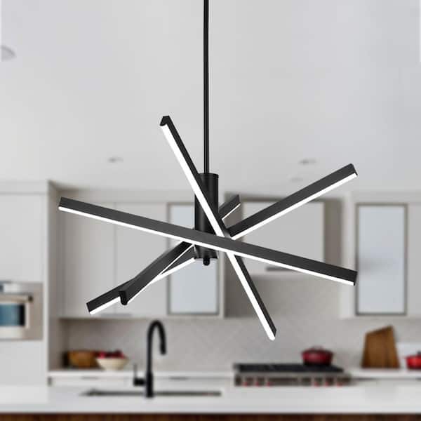 Lume Modern Linear Chandelier 4 Light Integrated LED in Black Sputnik Industrial Cylinder Pendant for Dining Room