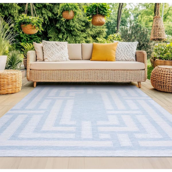 Bailey Aqua 8 ft. x 10 ft. Transitional Geometric Flat Weave Polypropylene Rectangle Indoor/Outdoor Area Rug
