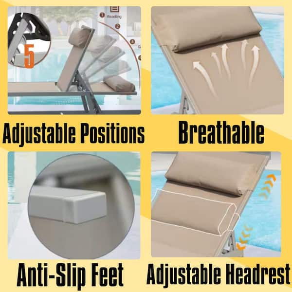 3-Piece Patio Chaise Lounge Adjustable Aluminum Outdoor Lounge Chairs with Side Table All Weather Recliner in Khaki