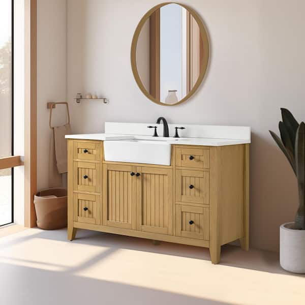 Burbank 54 in Single Sink Oak Bath Vanity with White Quartz Top (Assembled)
