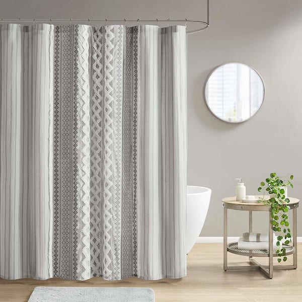 Unbranded Shower Curtain 72 in. W x 72 in. L Cotton Shower Curtain In Gray for Bathroom, 100% Cotton, with Tufted Chenille Stripe