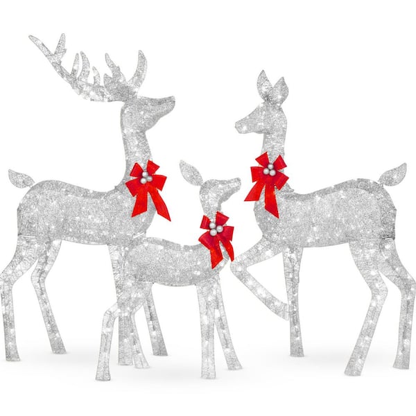 3-Piece 6. 5ft Silver Lighted Christmas Deer Set Outdoor Yard Decoration w/ 385 LED Lights, Stakes