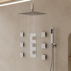 Thermostatic 5-Spray 12 in. Ceiling Mount Dual Shower Head and Handheld Shower in Brushed Nickel (Valve Included)