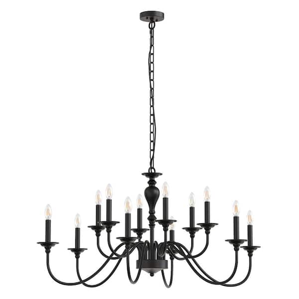 12-Light Black Farmhouse Chandelier, Industrial Candle Dining Room Light Fixture for Kitchen Island, Foyer, or Staircase