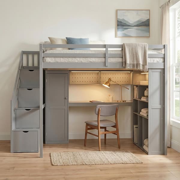 Grey Full Wood Loft Bed with Built-In Wardrobe, Study Desk, Storage Shelves and Lights