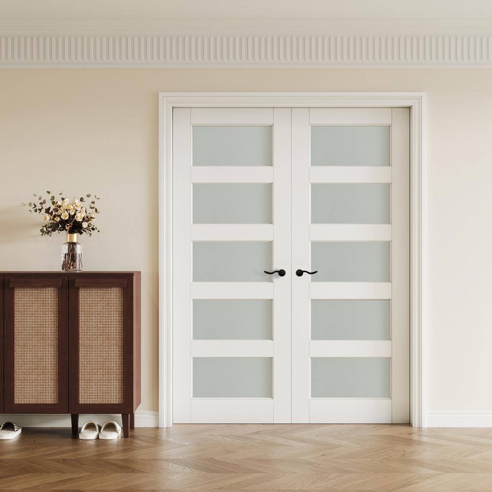 56 in. x 80 in. White Frosted Glass Solid Core MDF Double Prehung French Door