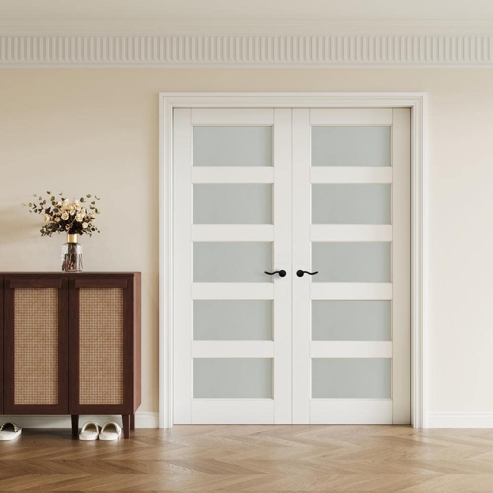 56 in. x 80 in. White Frosted Glass Solid Core MDF Double Prehung French Door