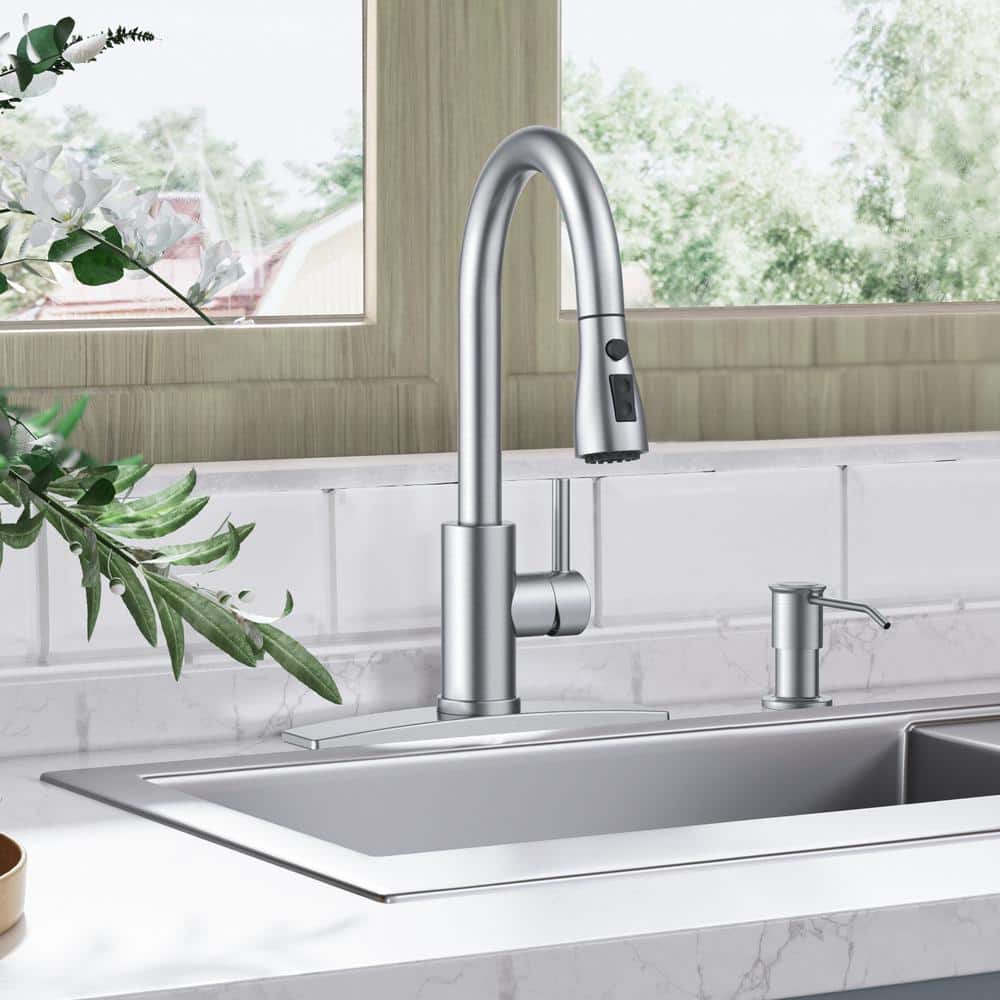 Brushed Nickel Single Handle Pull Down Kitchen Faucet with Soap Dispenser