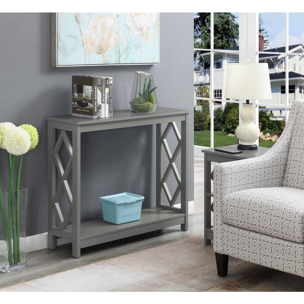 Diamond Cut Gray Console Table with Dual Storage Shelves