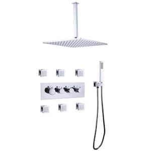 4-Handle Thermostatic 3-Spray Patterns 15.74 in. Square Rain Shower Head with Hand Shower with 6-Jets in Chrome Plated