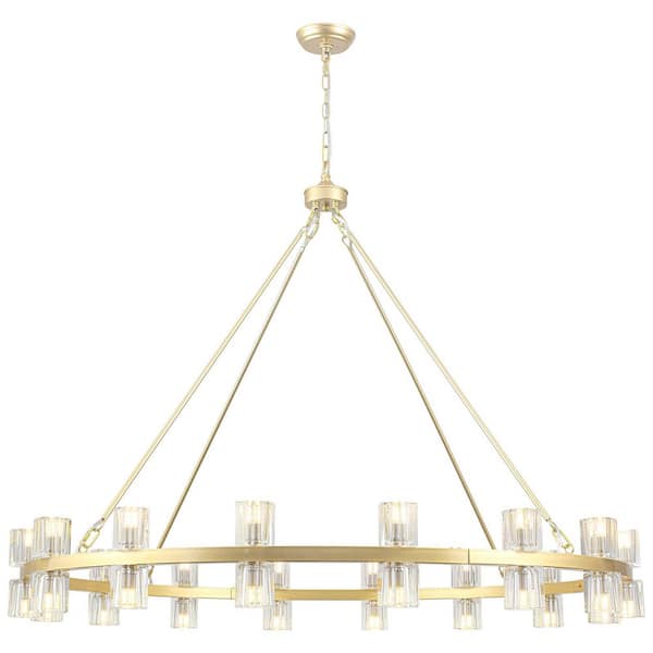32-Light 49 in. Gold Modern Farmhouse Round Crystal Cup Style Wagon Wheel Chandelier with No Bulbs Included