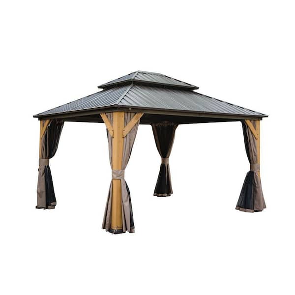 Coporesell 12 ft. x 14 ft. Outdoor Brown Cedar Wood Frame Hardtop Gazebo with Galvanized Steel Double Roof with Curtain and Netting