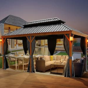 12 ft. x 20 ft. Aluminum Double Galvanized Steel Roof Gazebo with Ceiling Hook, Netting, Black+Brown+Grey